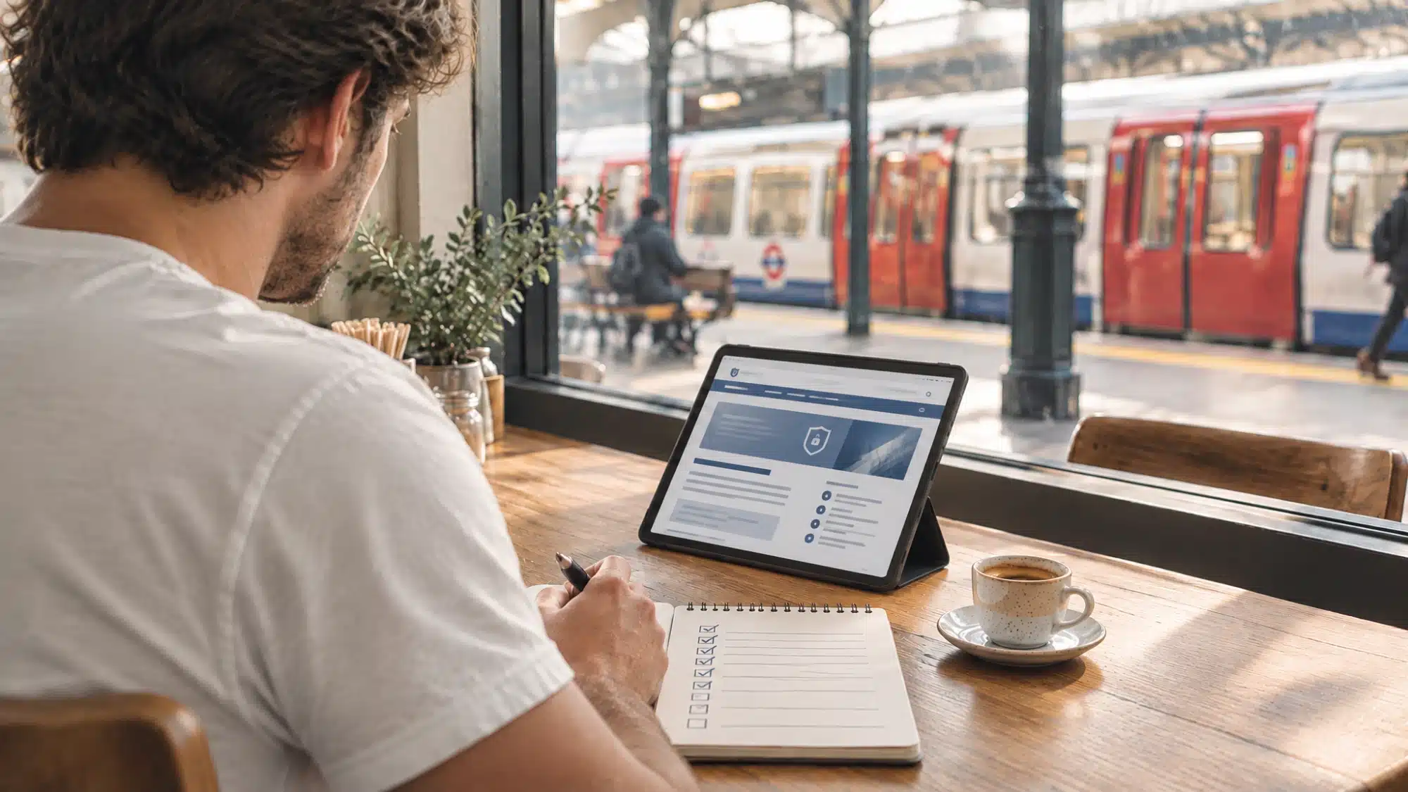 Person ticking off a checklist beside a tablet in a café overlooking a London Underground platform